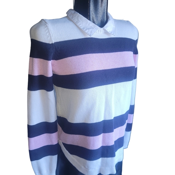 Tommy Hilfiger White, Blue and Pink Striped Collared Knit Sweater S - Picture 3 of 7